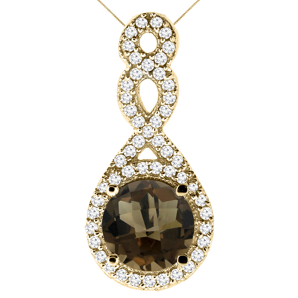 14K Yellow Gold Natural Smoky Topaz Eternity Pendant Round 7x7mm with 18 inch Gold Chain