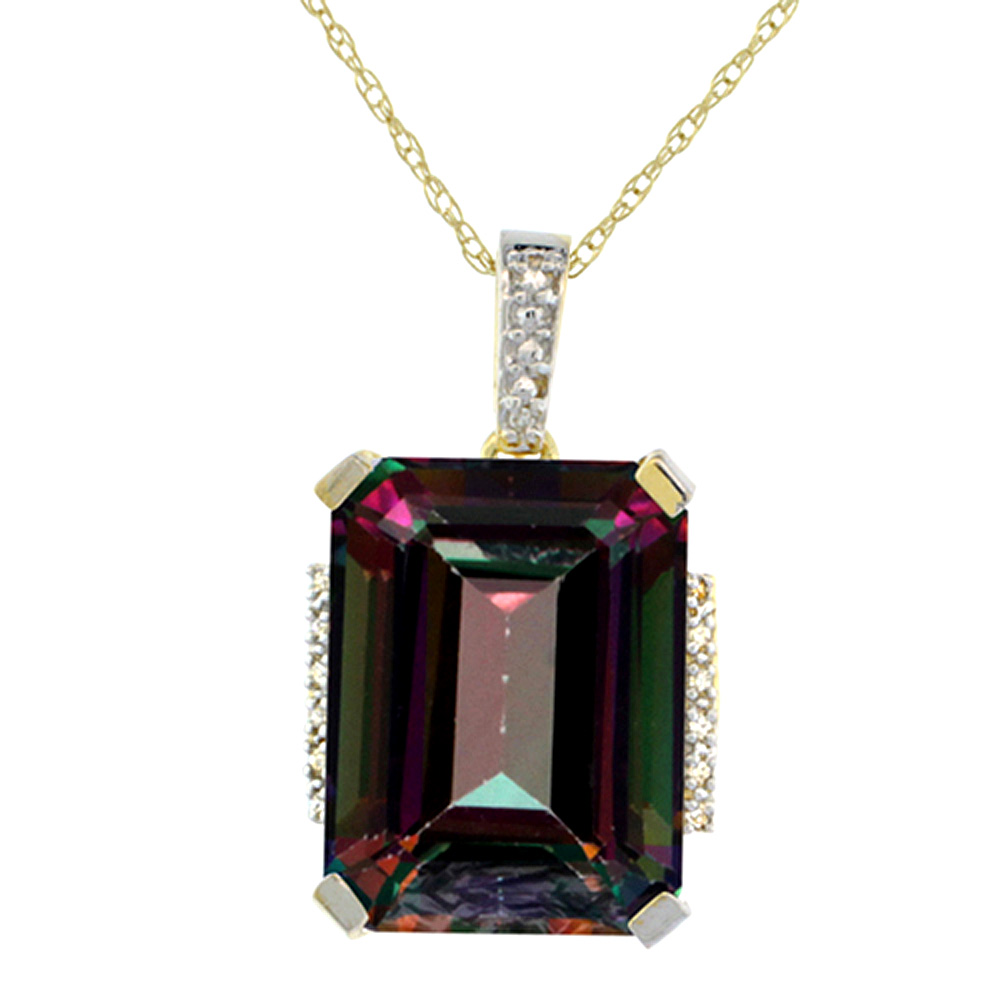 10K YELLOW GOLD NATURAL MYSTIC TOPAZ PENDANT OCTAGON 16X12 MM & DIAMOND ACCENTS
