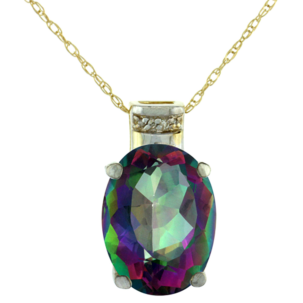 10K YELLOW GOLD DIAMOND NATURAL MYSTIC TOPAZ PENDANT OVAL 14X10 MM