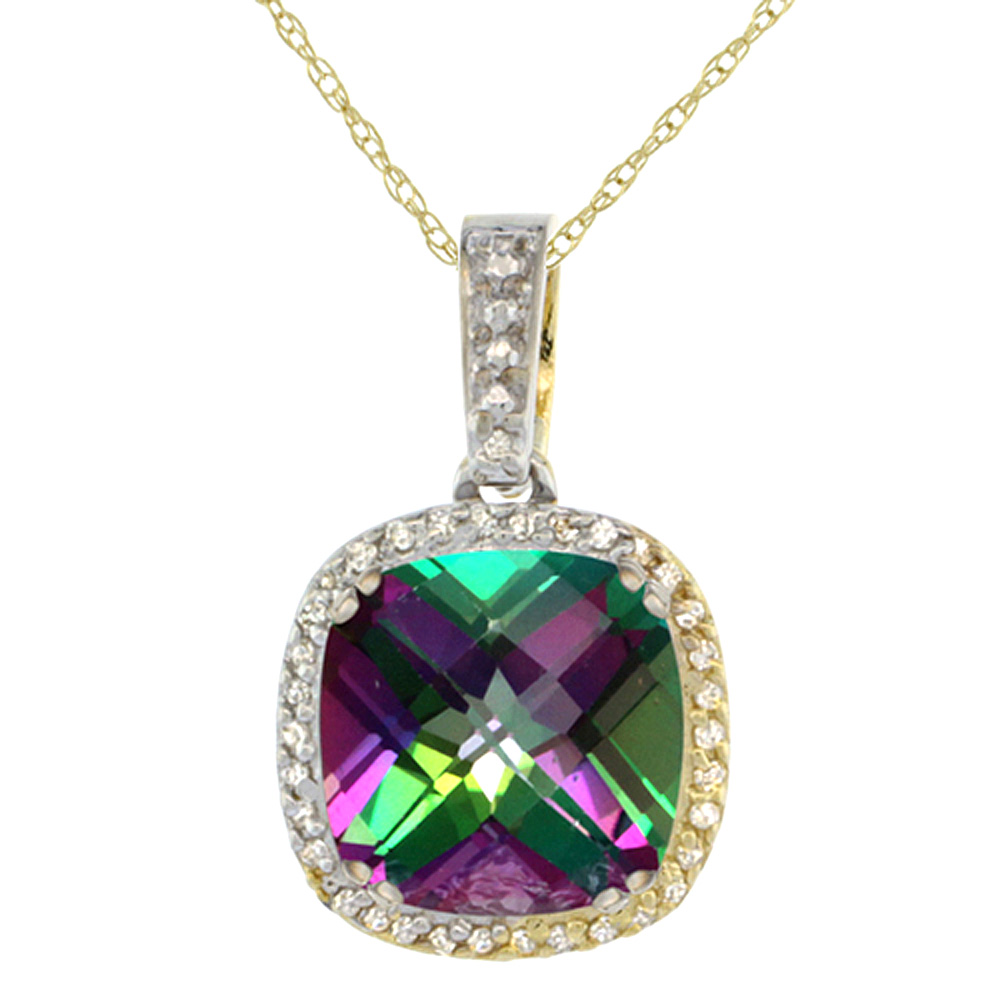 10K YELLOW GOLD DIAMOND HALO NATURAL MYSTIC TOPAZ NECKLACE CUSHION SHAPED 10X10MM, 18 INCH LONG