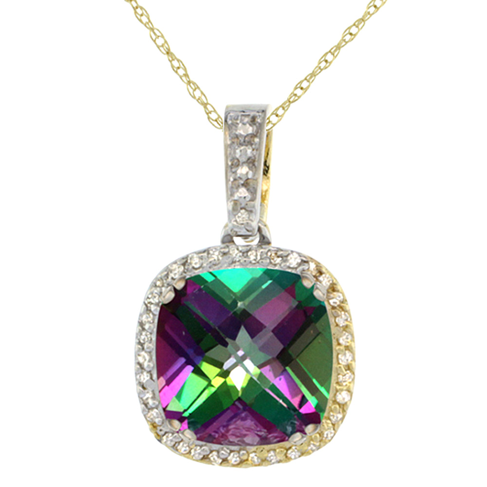 10k Yellow Gold Diamond Halo Natural Mystic Topaz Necklace Cushion Shaped 10x10mm, 18 inch long