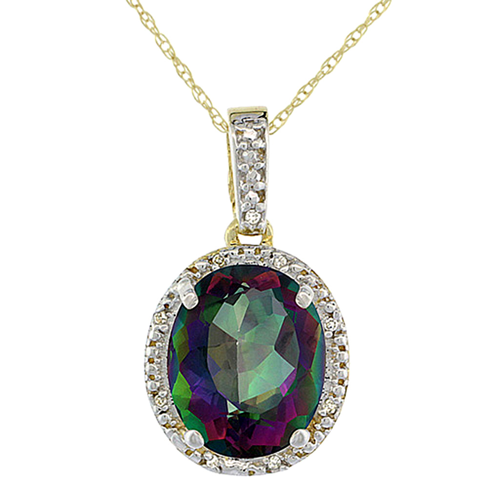 10K Yellow Gold Diamond Halo Natural Mystic Topaz Necklace Oval 12x10 mm, 18 inch long