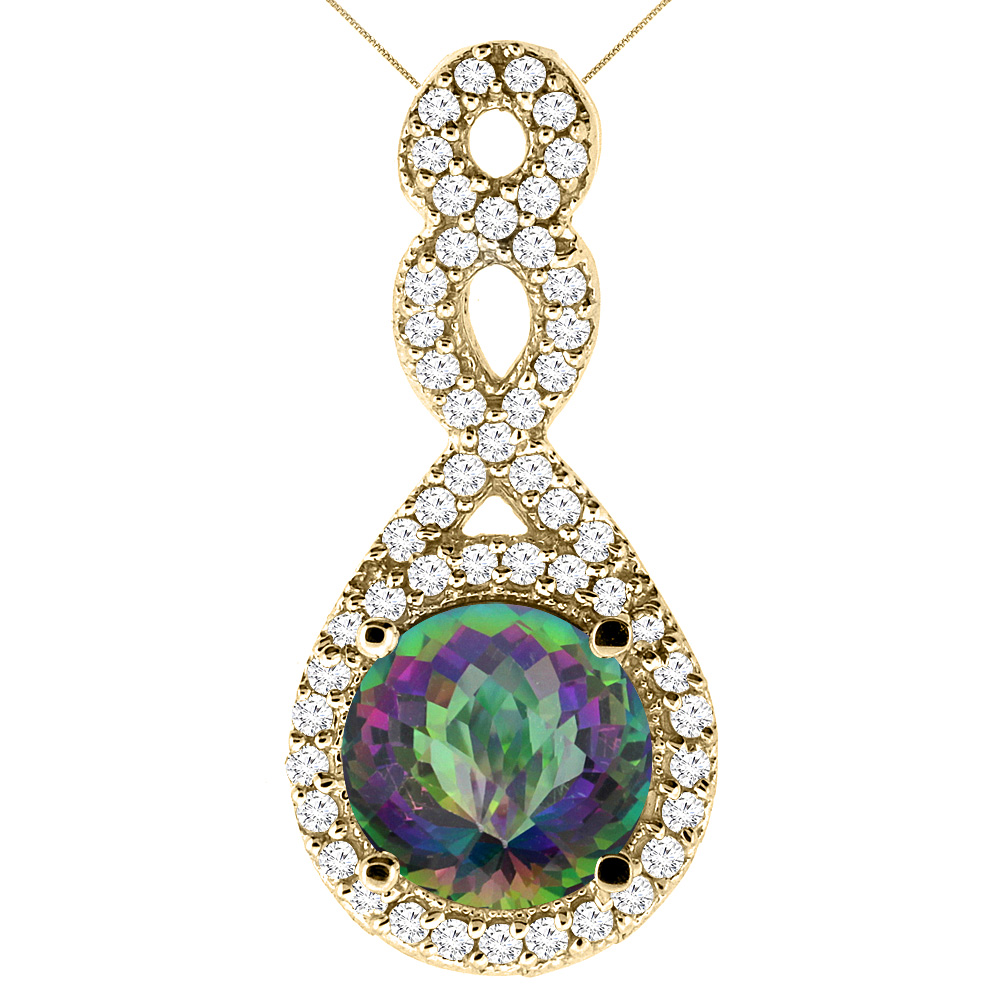14K Yellow Gold Natural Mystic Topaz Eternity Pendant Round 7x7mm with 18 inch Gold Chain