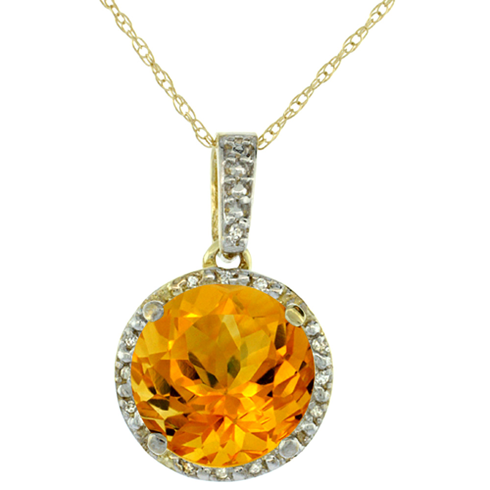 10K YELLOW GOLD 0.03 CTTW DIAMOND NATURAL CITRINE PENDANT ROUND 11X11 MM