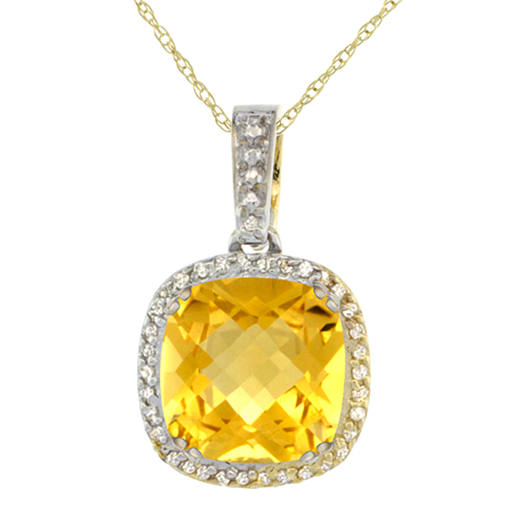 10k Yellow Gold Diamond Halo Natural Citrine Necklace Cushion Shaped 10x10mm, 18 inch long