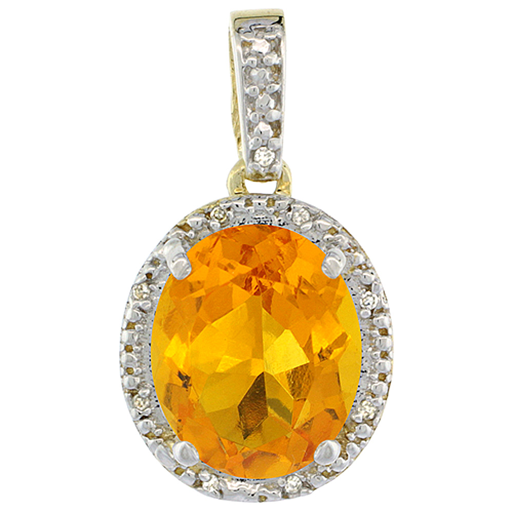 10K Yellow Gold Diamond Halo Natural Citrine Necklace Oval 12x10 mm, 18 inch long