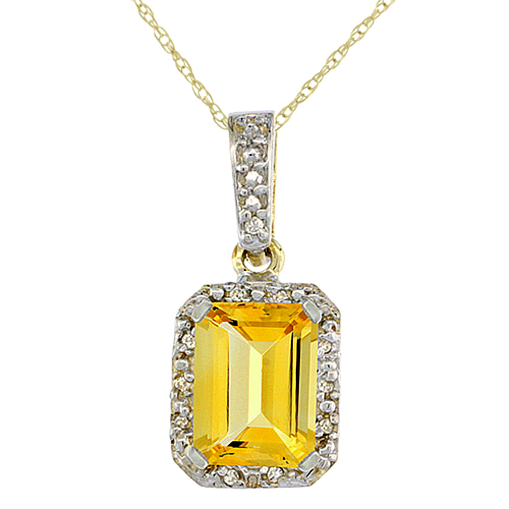10K YELLOW GOLD NATURAL CITRINE PENDANT OCTAGON 8X6 MM & DIAMOND ACCENTS