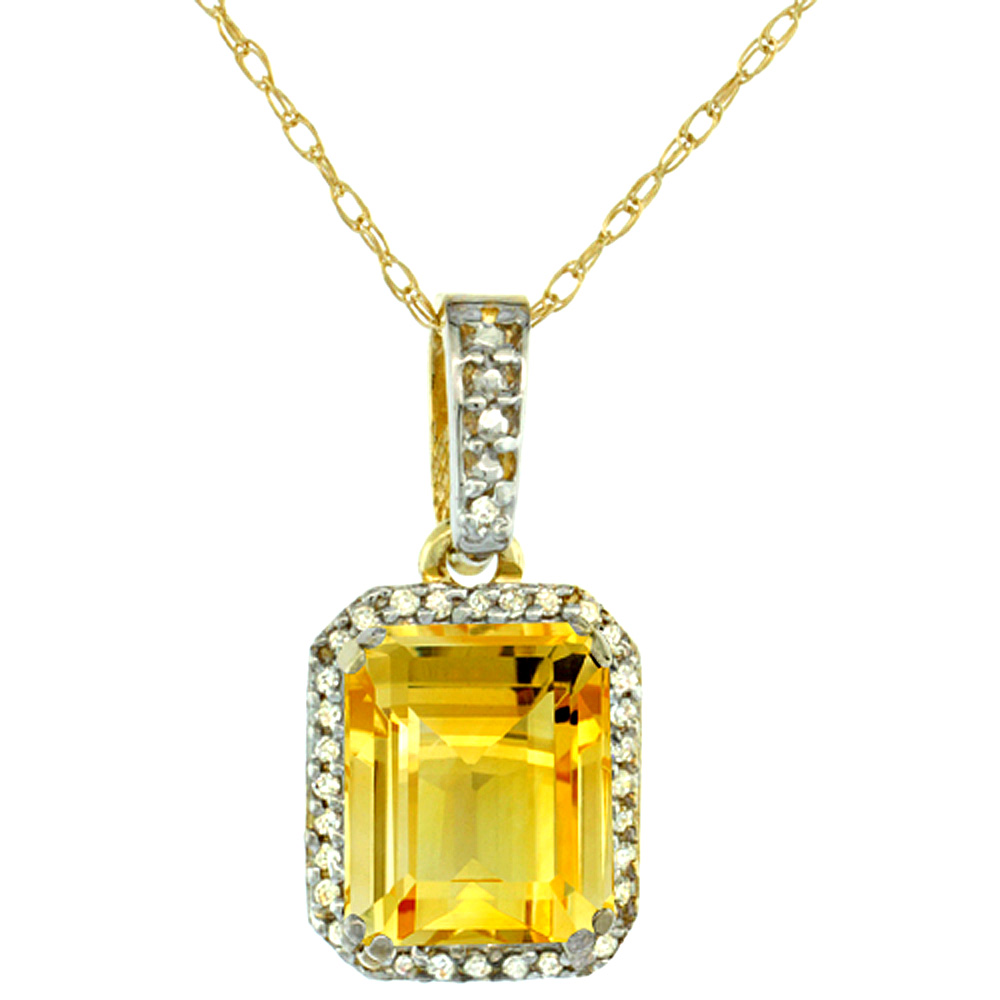 10K Yellow Gold Diamond Natural Citrine Pendant Octagon 9x7 mm