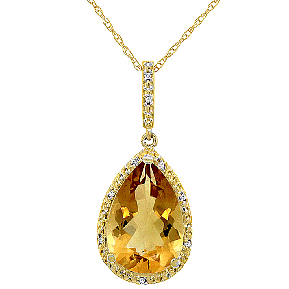 10K Yellow Gold Diamond Halo Natural Citrine Necklace Pear Shaped 15x10 mm, 18 inch long