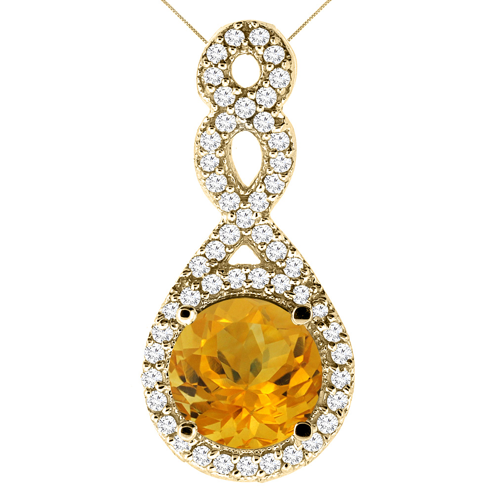 14K Yellow Gold Natural Citrine Eternity Pendant Round 7x7mm with 18 inch Gold Chain