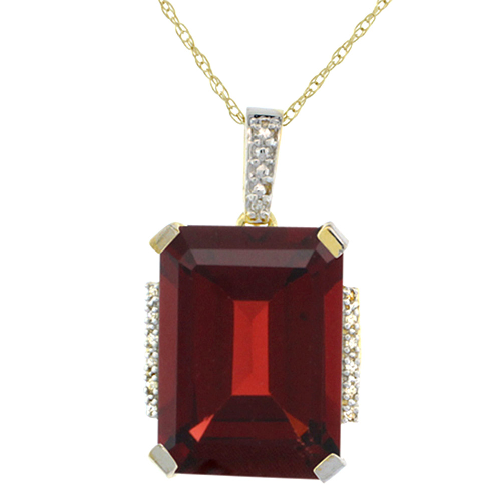 10K YELLOW GOLD NATURAL GARNET PENDANT OCTAGON 16X12 MM & DIAMOND ACCENTS