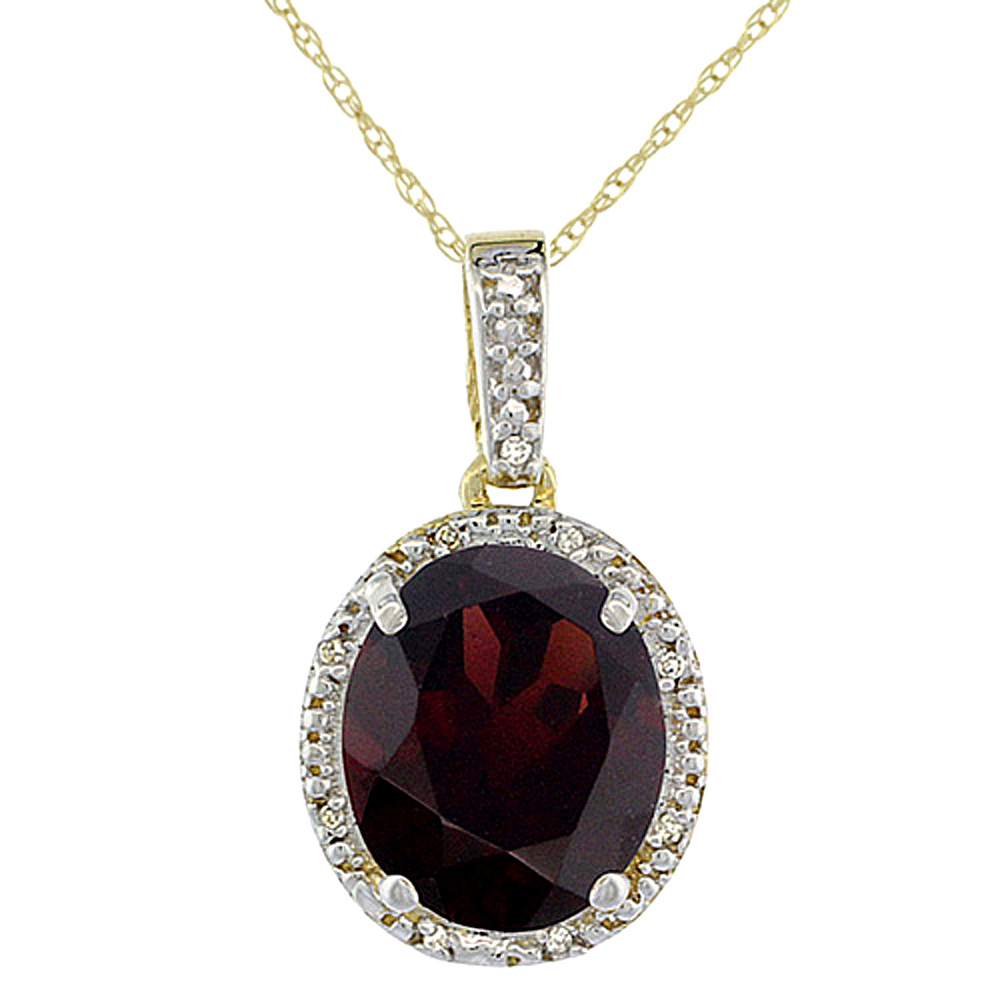 10K YELLOW GOLD DIAMOND HALO NATURAL GARNET NECKLACE OVAL 12X10 MM, 18 INCH LONG