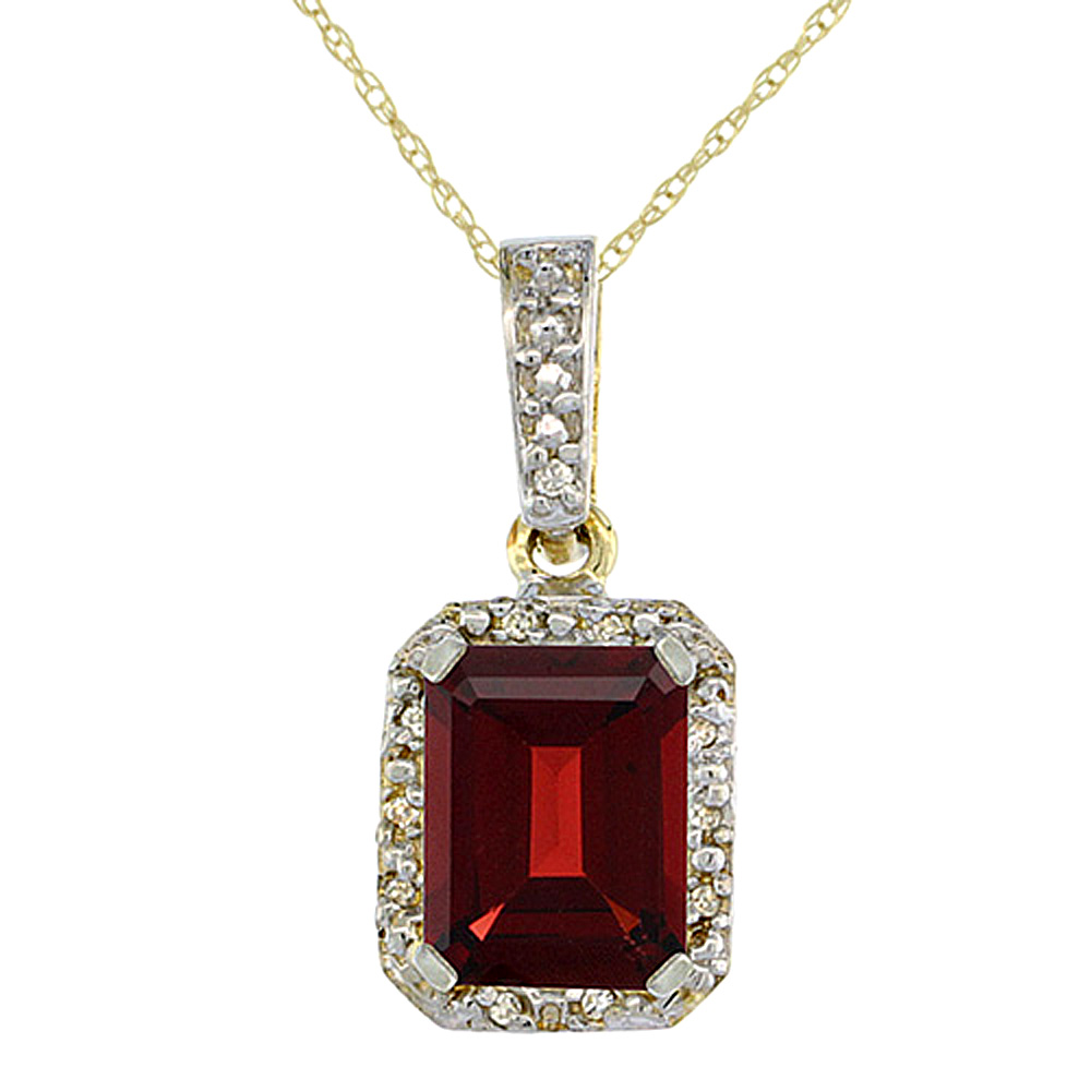 10K YELLOW GOLD NATURAL GARNET PENDANT OCTAGON 8X6 MM & DIAMOND ACCENTS