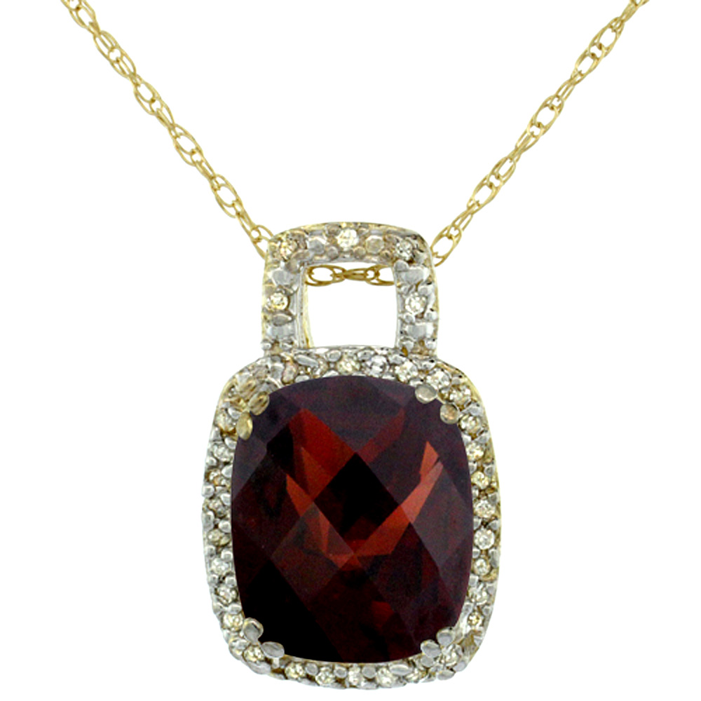 10K YELLOW GOLD NATURAL GARNET PENDANT OCTAGON CUSHION 10X8 MM & DIAMOND ACCENTS