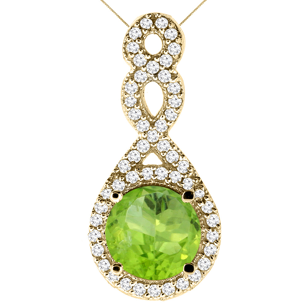 14K YELLOW GOLD NATURAL PERIDOT ETERNITY PENDANT ROUND 7X7MM WITH 18 INCH GOLD CHAIN