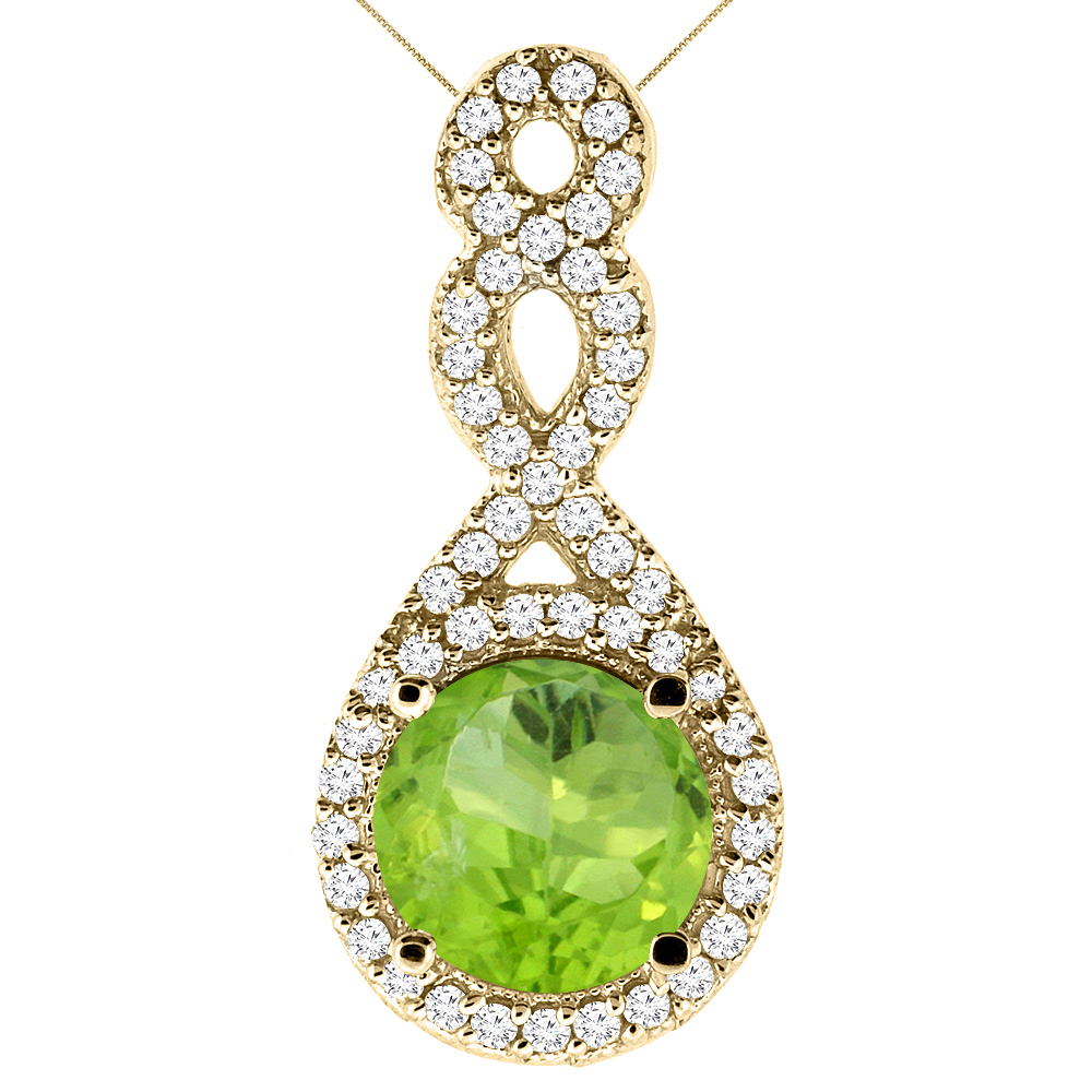 14K Yellow Gold Natural Peridot Eternity Pendant Round 7x7mm with 18 inch Gold Chain
