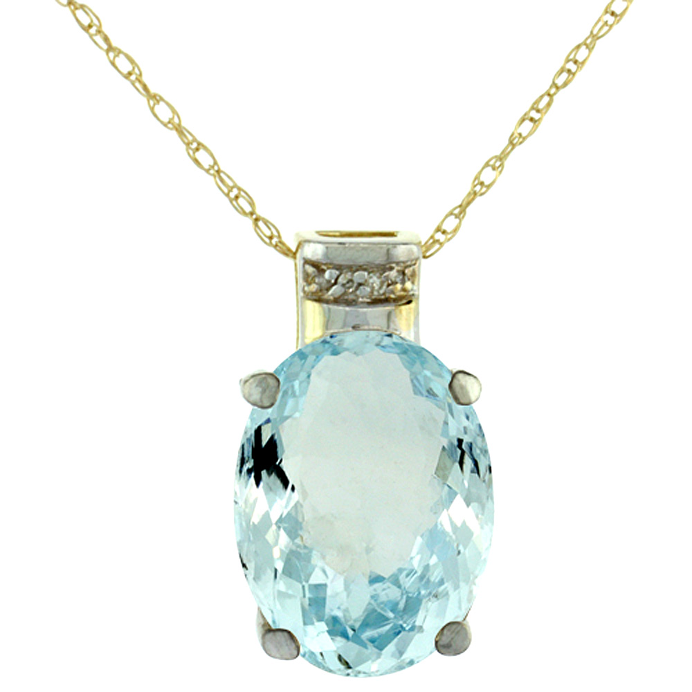 10K YELLOW GOLD DIAMOND NATURAL AQUAMARINE PENDANT OVAL 14X10 MM