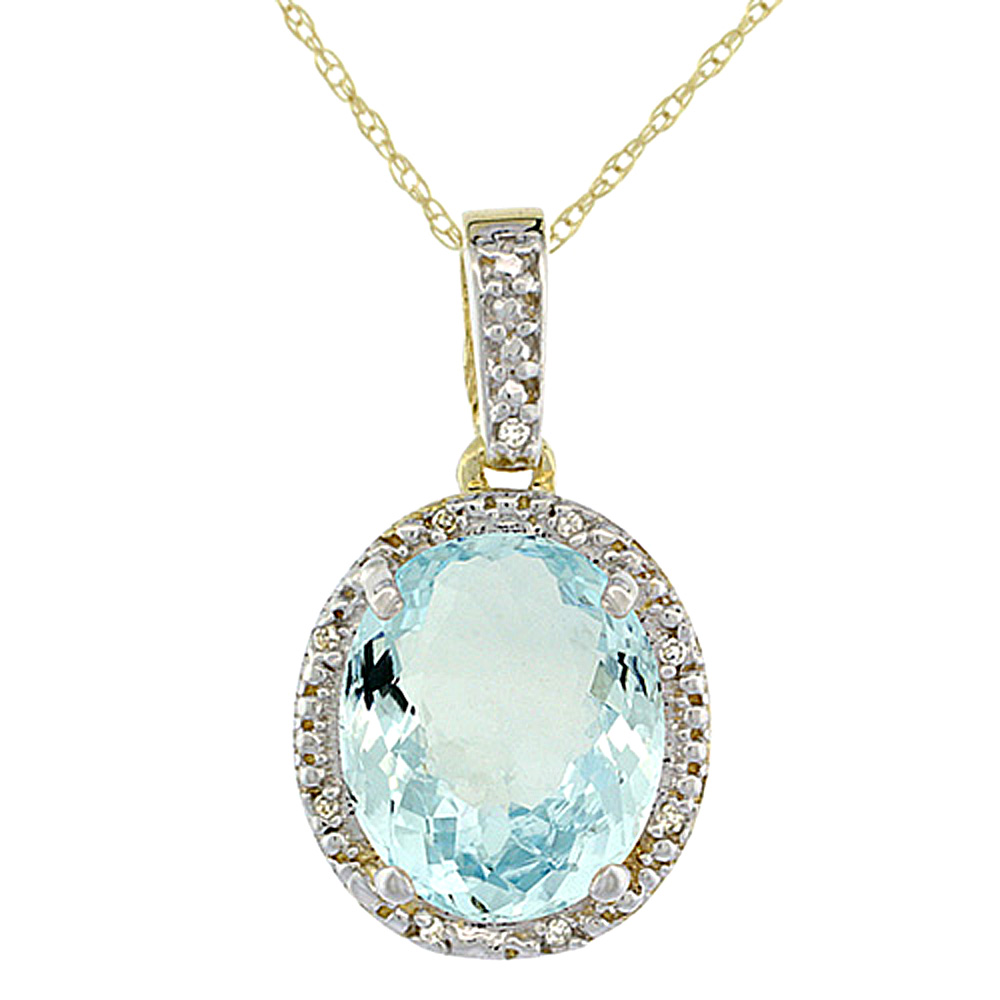 10K Yellow Gold Diamond Halo Natural Aquamarine Necklace Oval 12x10 mm, 18 inch long