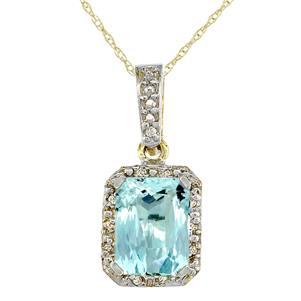 10K YELLOW GOLD NATURAL AQUAMARINE PENDANT OCTAGON 8X6 MM & DIAMOND ACCENTS