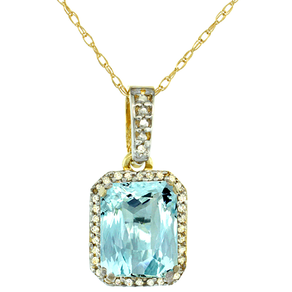 10K YELLOW GOLD DIAMOND NATURAL AQUAMARINE PENDANT OCTAGON 9X7 MM