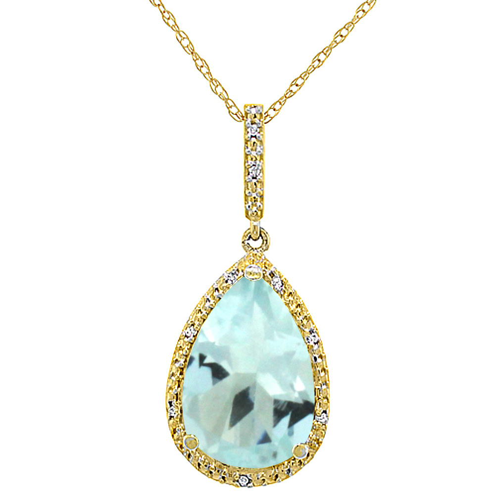 10K YELLOW GOLD DIAMOND HALO NATURAL AQUAMARINE NECKLACE PEAR SHAPED 15X10 MM, 18 INCH LONG