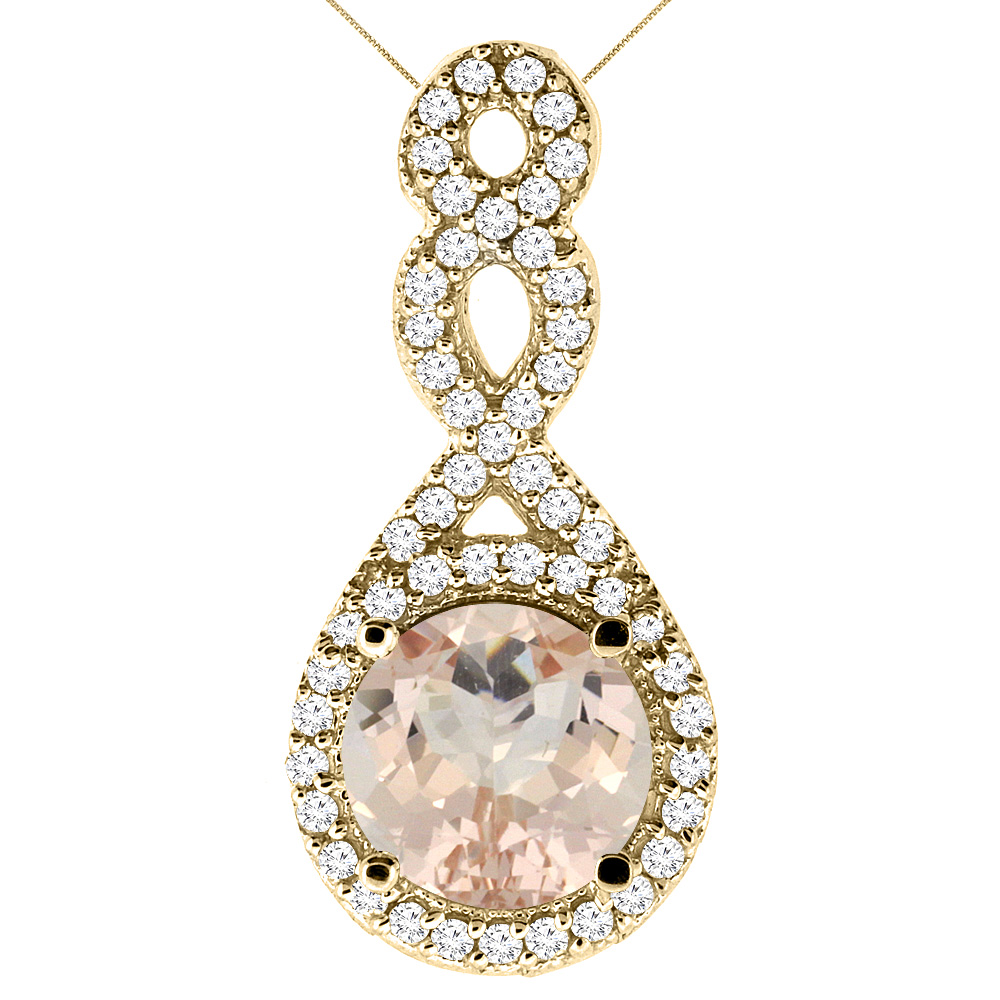 10K YELLOW GOLD NATURAL MORGANITE ETERNITY PENDANT ROUND 7X7MM WITH 18 INCH GOLD CHAIN