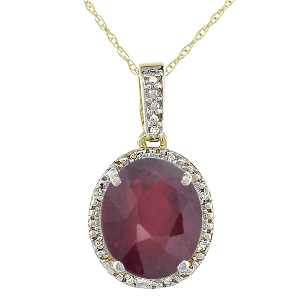 10K YELLOW GOLD DIAMOND HALO ENHANCED GENUINE RUBY NECKLACE OVAL 12X10 MM, 18 INCH LONG