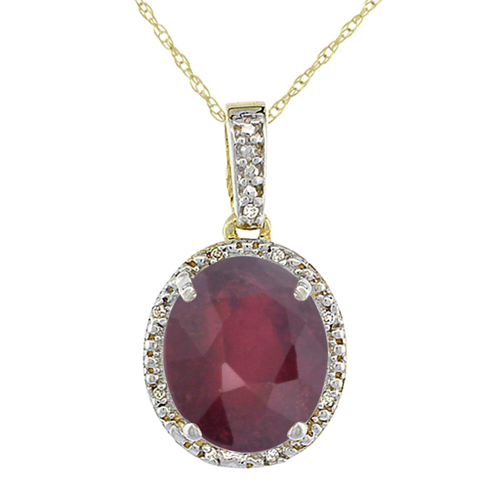 10K Yellow Gold Diamond Halo Enhanced Genuine Ruby Necklace Oval 12x10 mm, 18 inch long