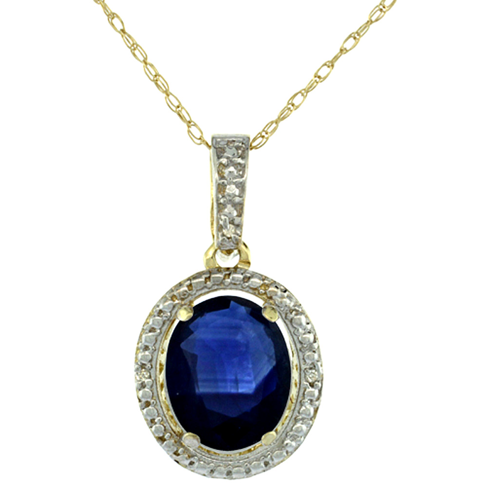 10K Yellow Gold 0.09 cttw Diamond Natural Blue Sapphire Pendant Oval 10x8 mm
