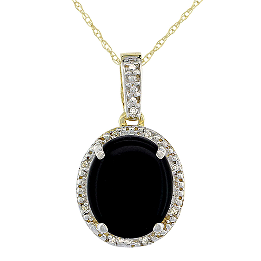 10K YELLOW GOLD DIAMOND HALO NATURAL BLACK ONYX NECKLACE OVAL 12X10 MM, 18 INCH LONG