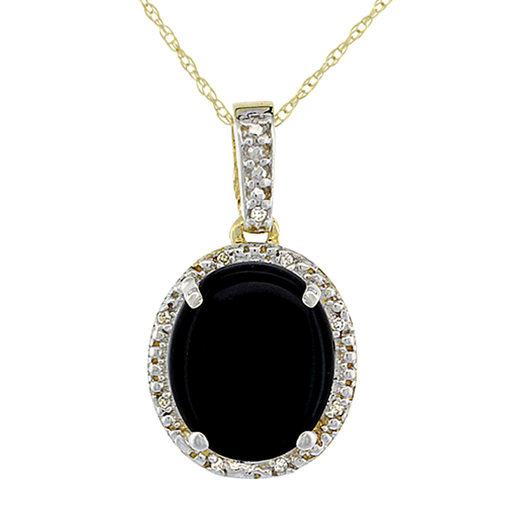 10K Yellow Gold Diamond Halo Natural Black Onyx Necklace Oval 12x10 mm, 18 inch long