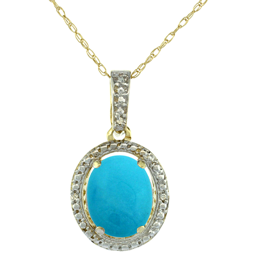 10K Yellow Gold 0.09 cttw Diamond Natural Turquoise Pendant Oval 10x8 mm