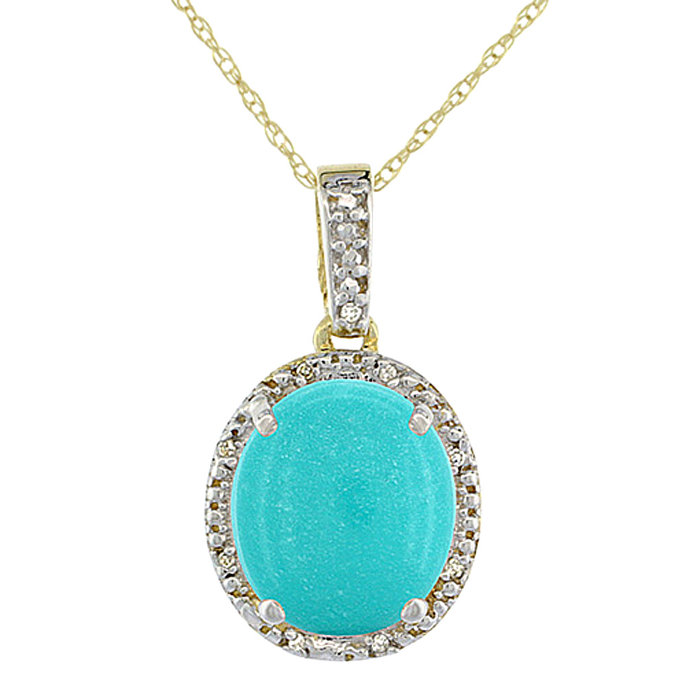 10K Yellow Gold Diamond Halo Natural Turquoise Necklace Oval 12x10 mm, 18 inch long