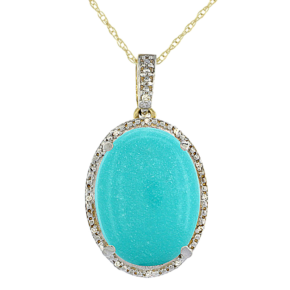 10K YELLOW GOLD DIAMOND NATURAL TURQUOISE PENDANT OVAL 18X13 MM