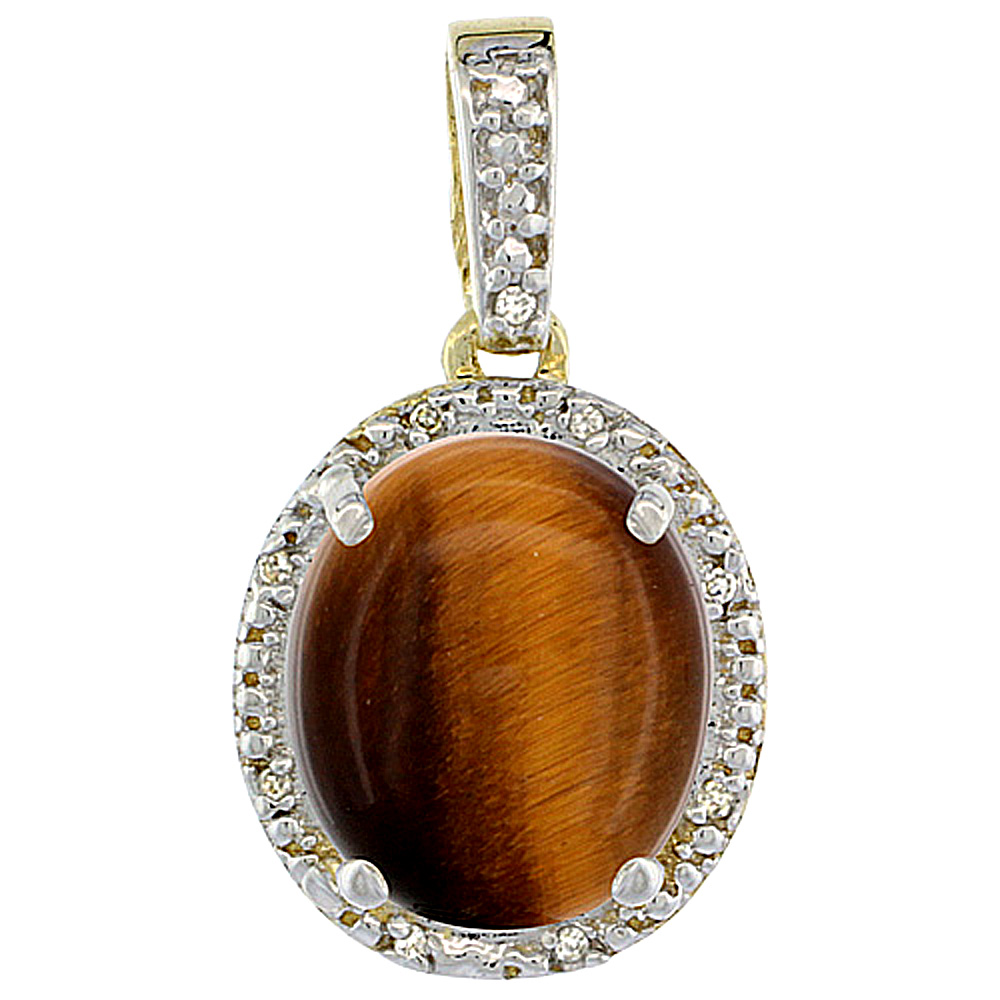 10K Yellow Gold Diamond Halo Natural Tiger Eye Necklace Oval 12x10 mm, 18 inch long