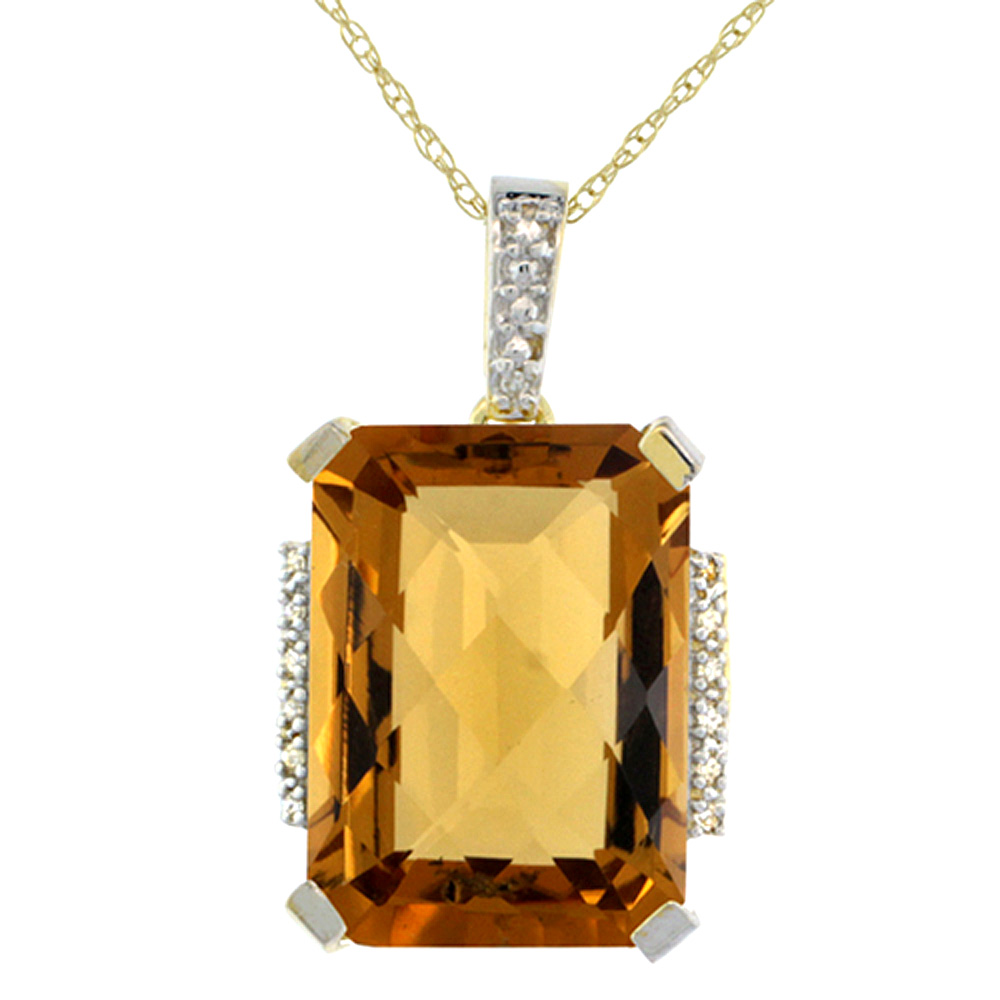 10K YELLOW GOLD NATURAL WHISKY QUARTZ PENDANT OCTAGON 16X12 MM & DIAMOND ACCENTS
