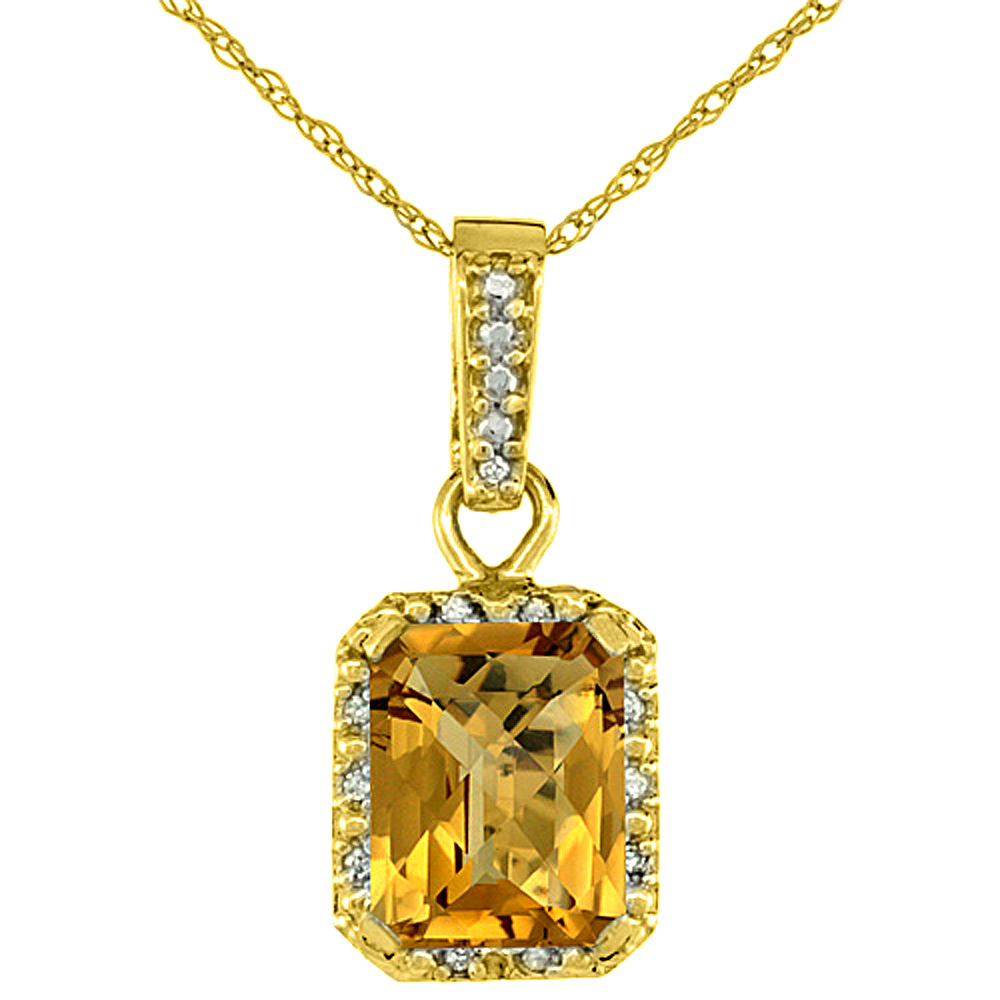 10K YELLOW GOLD NATURAL WHISKY QUARTZ PENDANT OCTAGON 8X6 MM & DIAMOND ACCENTS