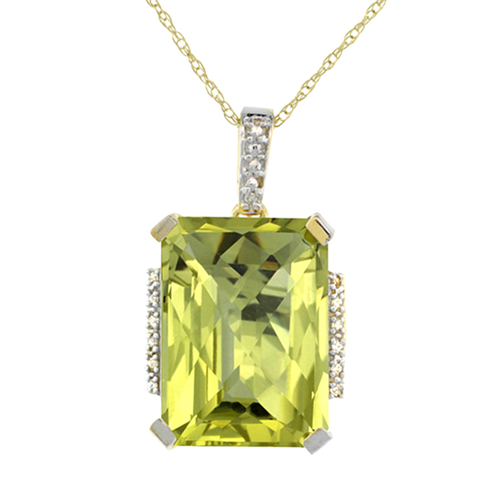 10K YELLOW GOLD NATURAL LEMON QUARTZ PENDANT OCTAGON 16X12 MM & DIAMOND ACCENTS