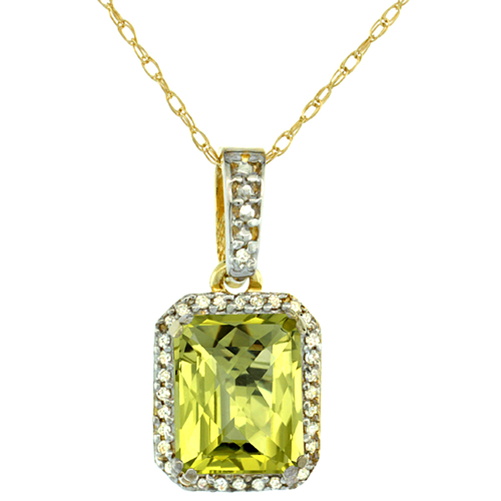 10K YELLOW GOLD DIAMOND NATURAL LEMON QUARTZ PENDANT OCTAGON 9X7 MM