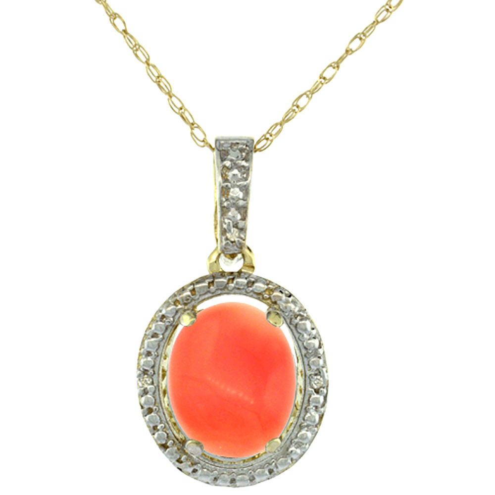 10K Yellow Gold 0.09 cttw Diamond Natural Coral Pendant Oval 10x8 mm