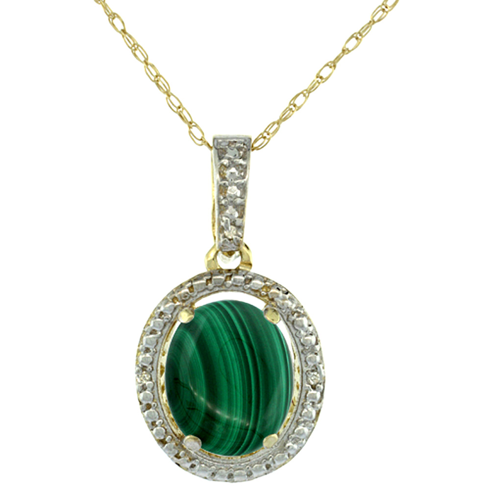 10K YELLOW GOLD 0.09 CTTW DIAMOND NATURAL MALACHITE PENDANT OVAL 10X8 MM