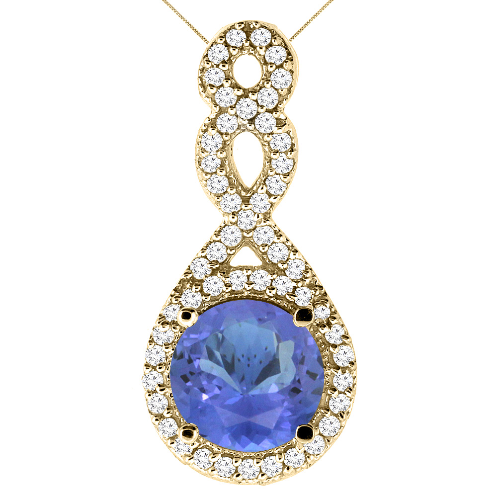 14K YELLOW GOLD NATURAL TANZANITE ETERNITY PENDANT ROUND 7X7MM WITH 18 INCH GOLD CHAIN