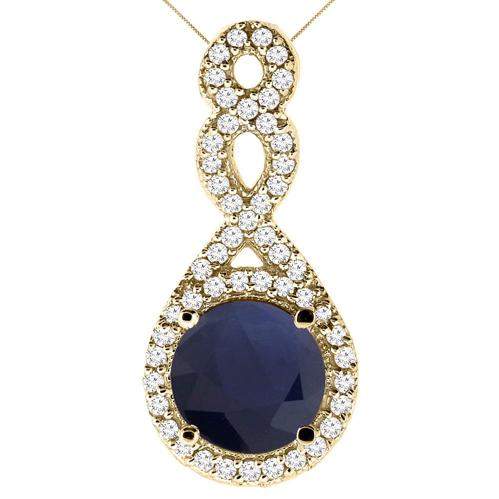 10K Yellow Gold Natural High Quality Blue Sapphire Eternity Pendant Round 7x7mm with 18 inch Gold Chain
