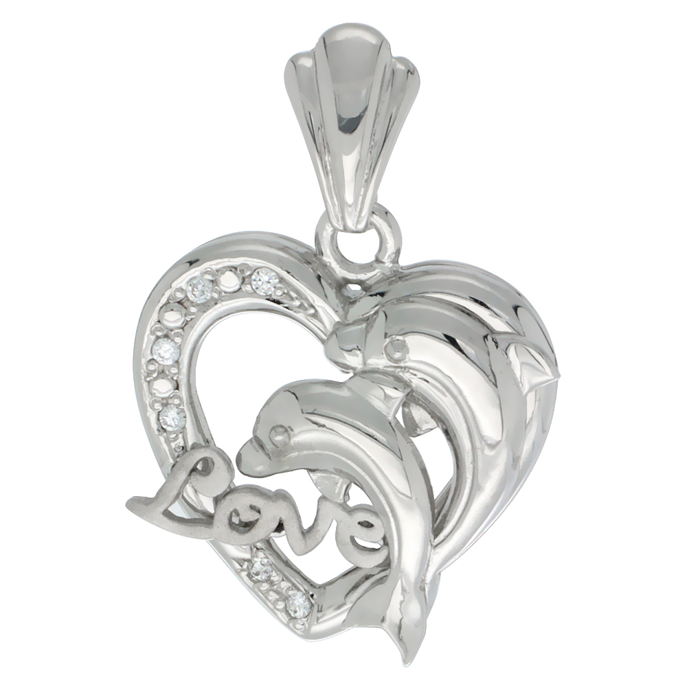 Sterling Silver DOLPHINS HEART LOVE Pendant CZ Stones Rhodium Finished, 3/4 inch long