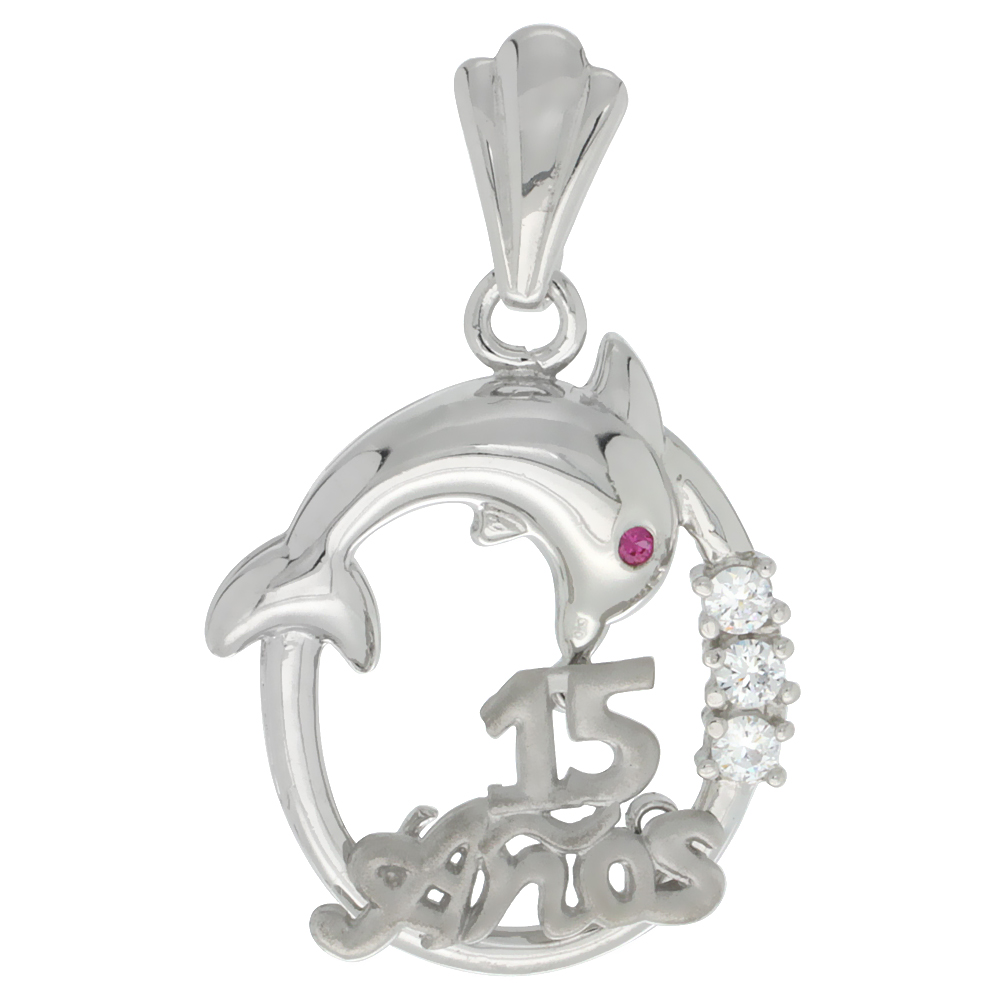 Sterling Silver Quinceanera 15 Anos Dolphin Pendant CZ Stones Rhodium Finished, 29/32 inch long