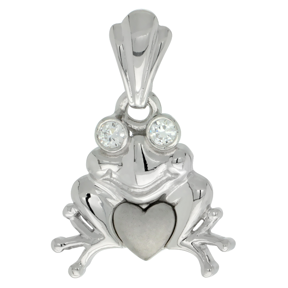 Sterling Silver Frog & Heart Pendant CZ Stones Rhodium Finished, 11/16 inch long