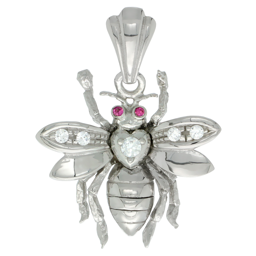 Sterling Silver Bee Pendant CZ Stones Rhodium Finished, 7/8 inch long