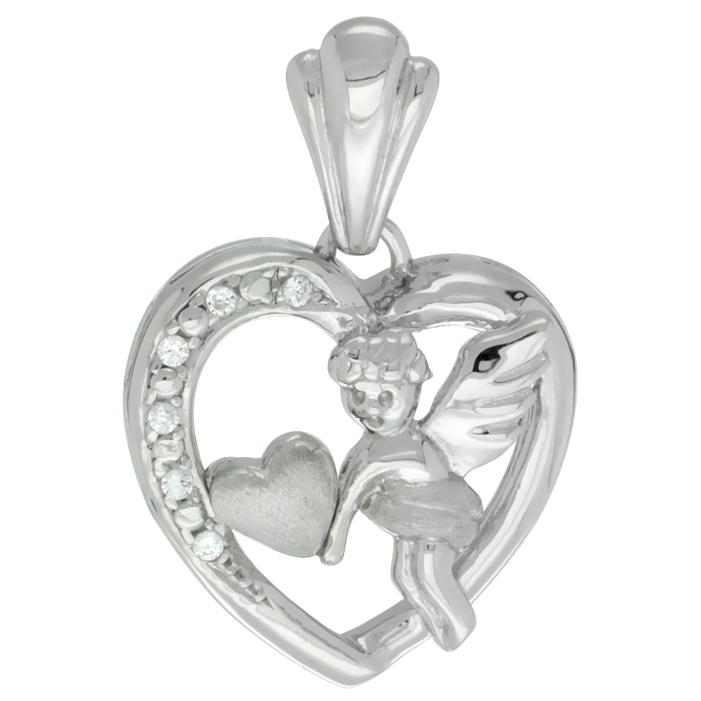 Sterling Silver Cupid Pendant CZ Stones Rhodium Finished, 25/32 inch long
