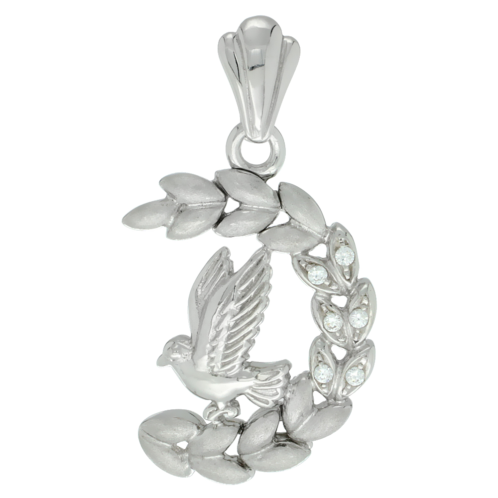 Sterling Silver Dove on Olive Branch Pendant CZ Stones Rhodium Finished, 1 1/8 inch long