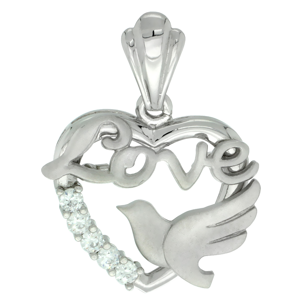 Sterling Silver LOVE Dove Heart Pendant CZ Stones Rhodium Finished, 3/4 inch long